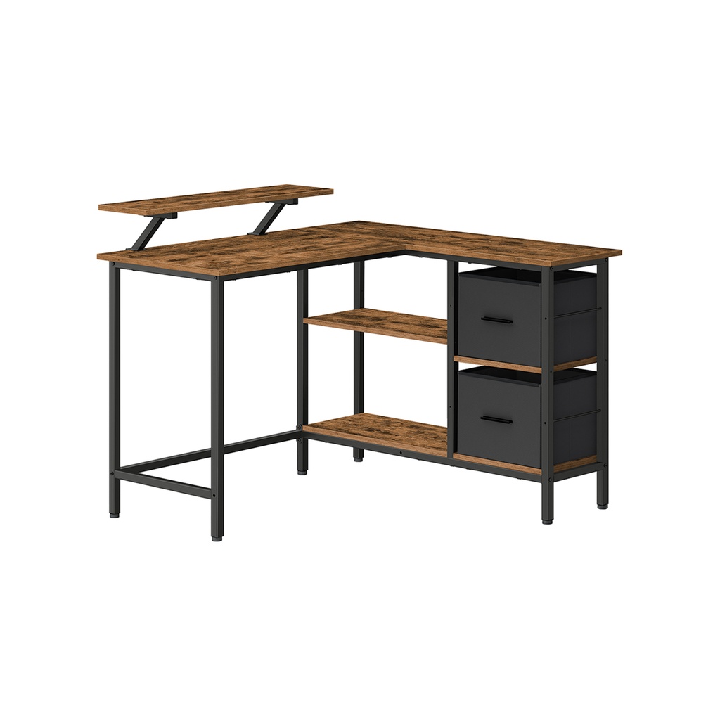[LWD097B01] VASAGLE Bureau en forme de L avec 2 tiroirs spacieux, bureau de jeu avec support pour écran, bureau d'angle, bureau d'ordinateur avec étagère de rangement réglable, pour bureau à domicile, marron rustique LWD097B01
