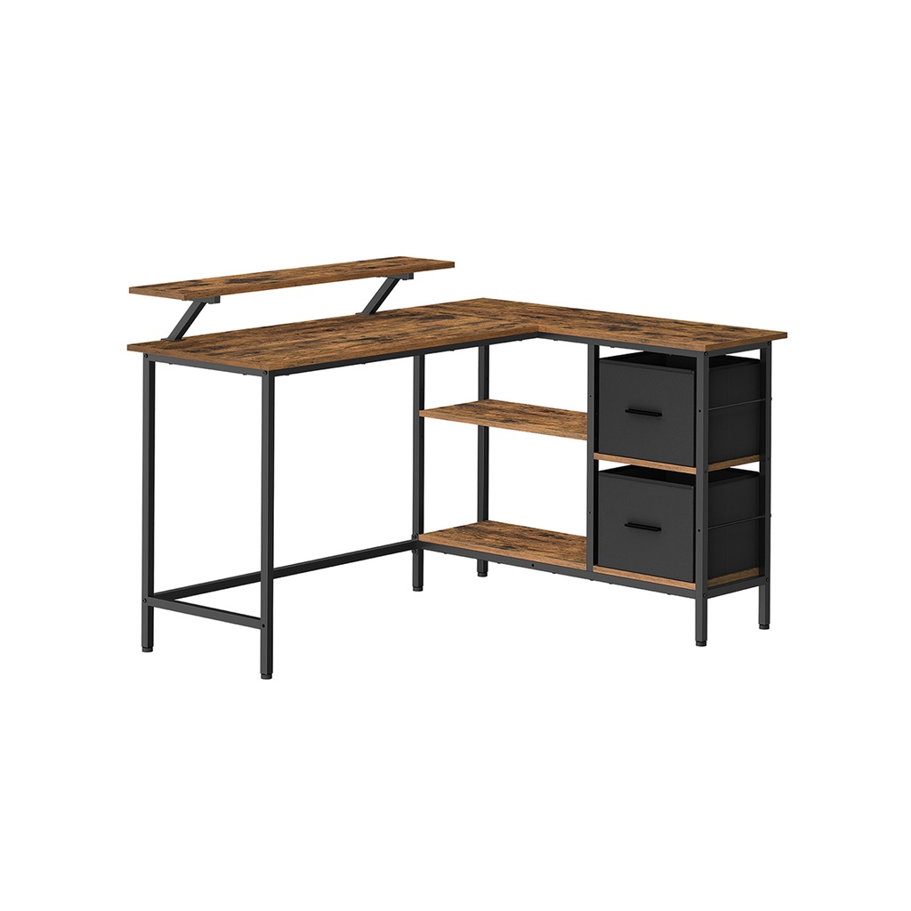 [LWD098B01] VASAGLE Bureau en forme de L avec 2 tiroirs spacieux, bureau de jeu avec support pour écran, bureau d'angle, bureau d'ordinateur avec étagère de rangement réglable, pour bureau à domicile, marron rustique LWD098B01