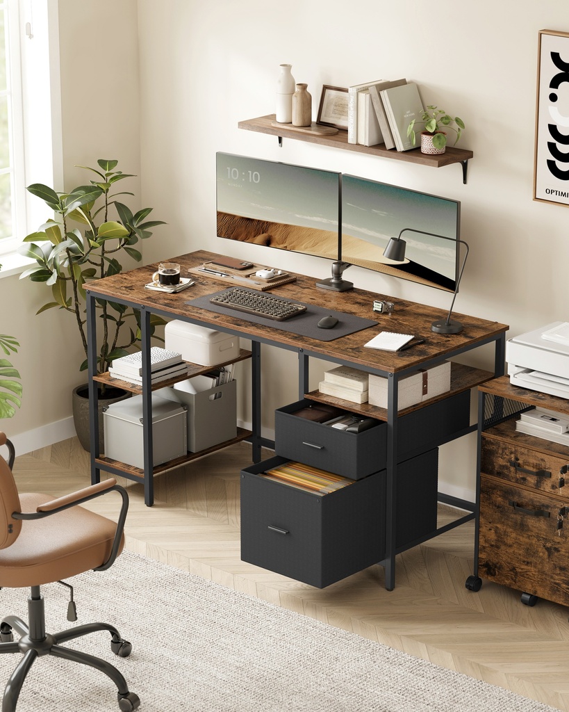 VASAGLE Bureau d'ordinateur, bureau, bureau avec 3 étagères, 2 tiroirs, 60 x 140 x 76 cm, pour bureau à domicile, salon, style industriel, marron rustique et noir encre LWD104B01