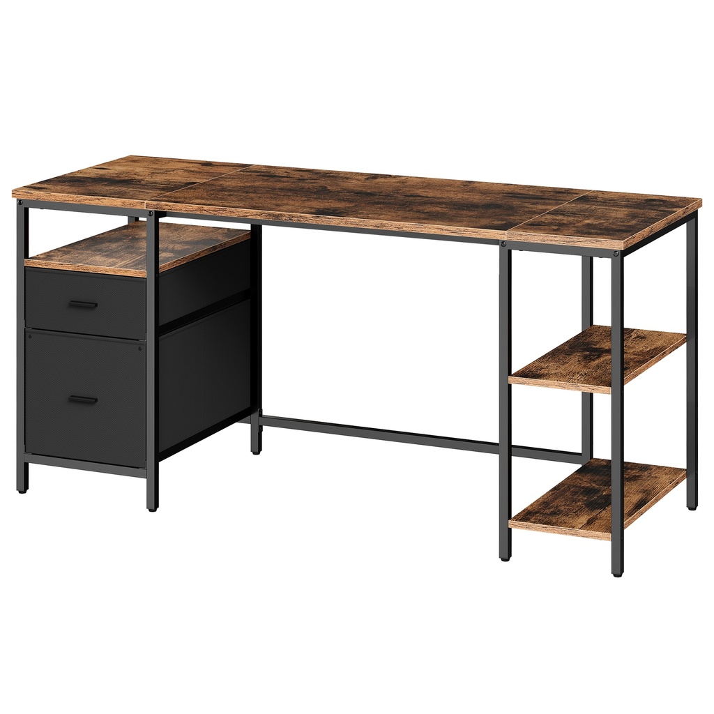 VASAGLE Bureau d'ordinateur, bureau de travail avec rangement, 3 étagères, 2 tiroirs, 160 x 60 x 76 cm, pour bureau à domicile, salon, style industriel, marron rustique et noir mat LWD105K01V1