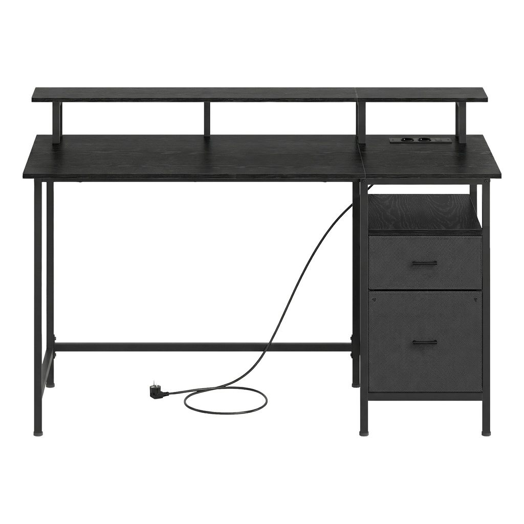 VASAGLE Bureau avec tiroirs en tissu, bureau d'ordinateur avec support pour écran, éclairage LED, 55 x 135 x 90 cm, prises intégrées, 2 ports USB-A, pour bureau à domicile, noir ébène LWD094B56
