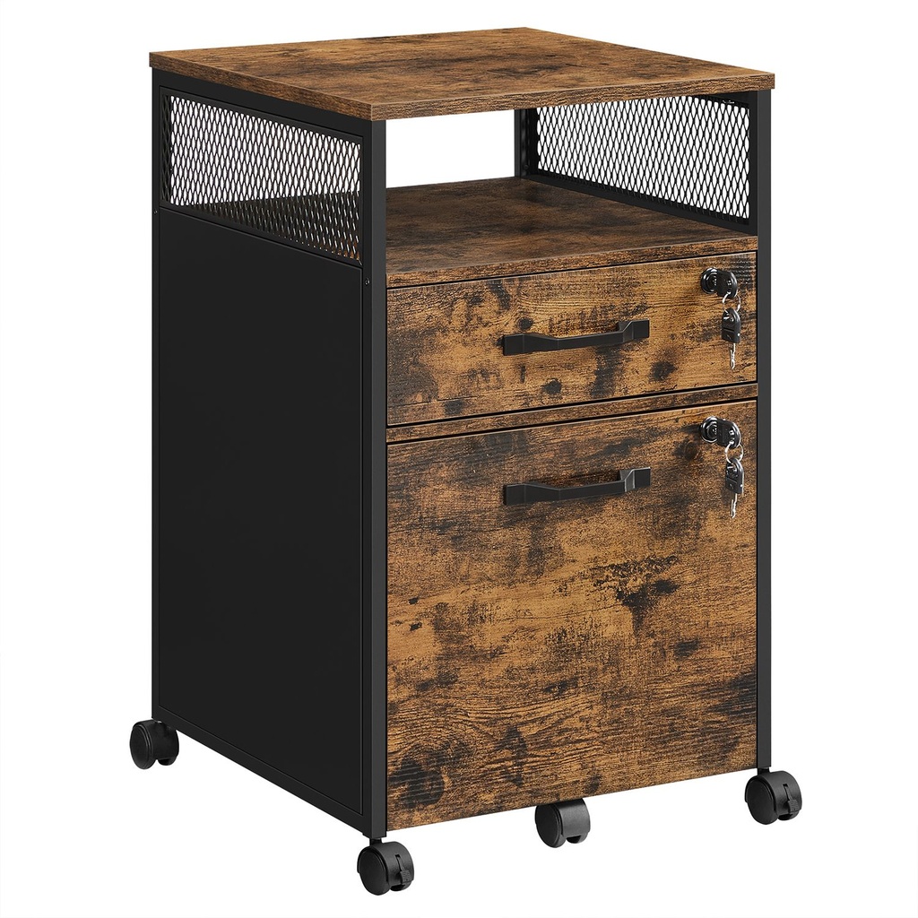 [OFC077B01] VASAGLE Filing Cabinet Office File Cabinet with 2 Lockable Drawers, Wheels, Open Shelf for Hanging Files, Steel Frame, Industrial Style, Rustic Brown and Black OFC077B01