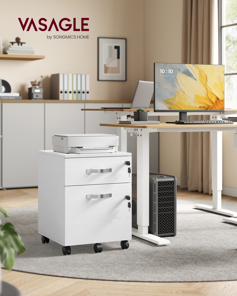 [LCD022T46V1] VASAGLE Classeur verrouillable, caisson de classement avec 2 tiroirs, 5 roulettes et rails de suspension réglables, surface texturée, pour papiers de format A4 et lettre, bureau à domicile, blanc LCD022T46V1