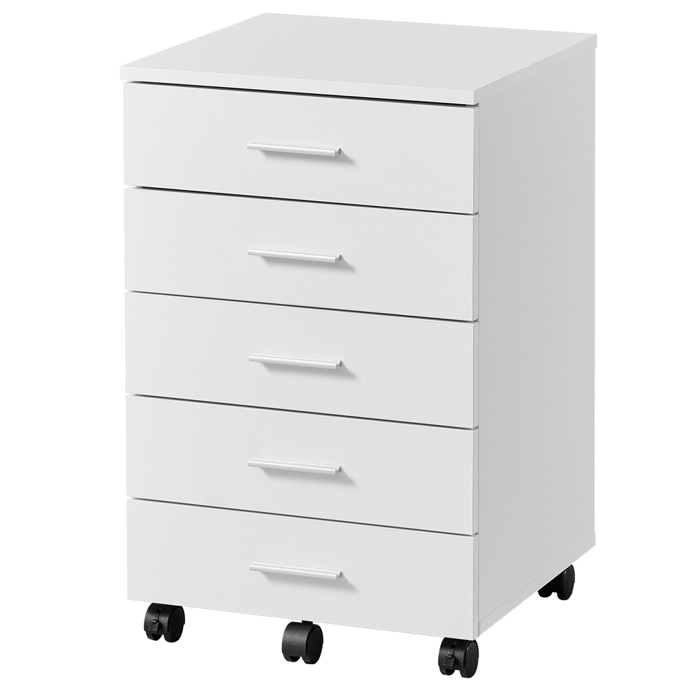 [OFC081W01] Caisson mobile sur roulettes, classeur avec 5 tiroirs, montage rapide des rails coulissants, pour bureau à domicile, blanc