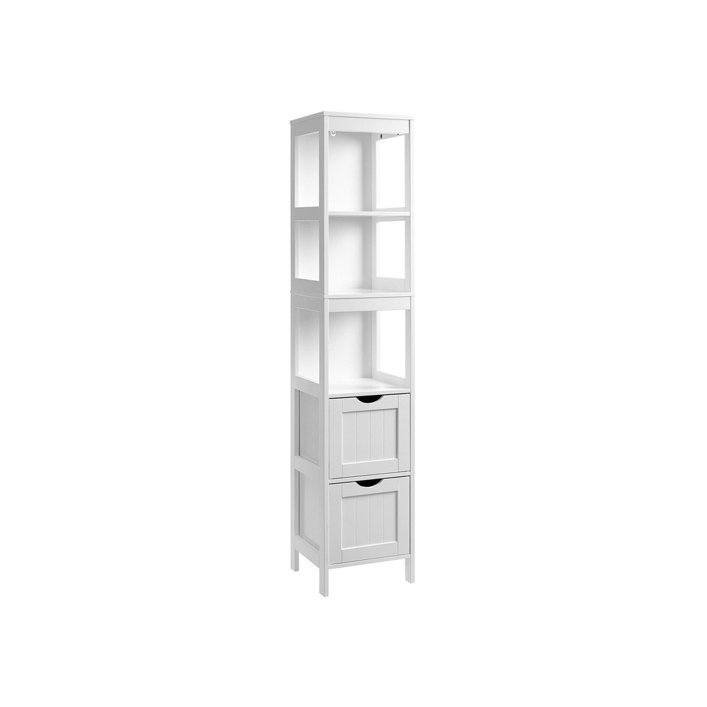 VASAGLE Meuble de rangement de salle de bain avec 2 tiroirs et 3 compartiments ouverts, 30 x 30 x 141,5 cm, blanc BBC66WT