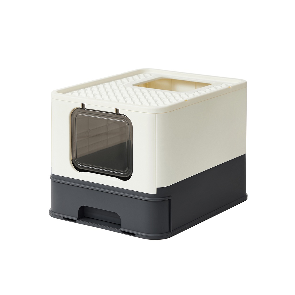 [PPT001W01] Feandrea Litière fermée pour chat, maison de toilette, bac amovible, pelle, brosse, pour grands chats, capacité de charge 15 kg, anti-traces, anti-fuite, beige et noir PPT001W01