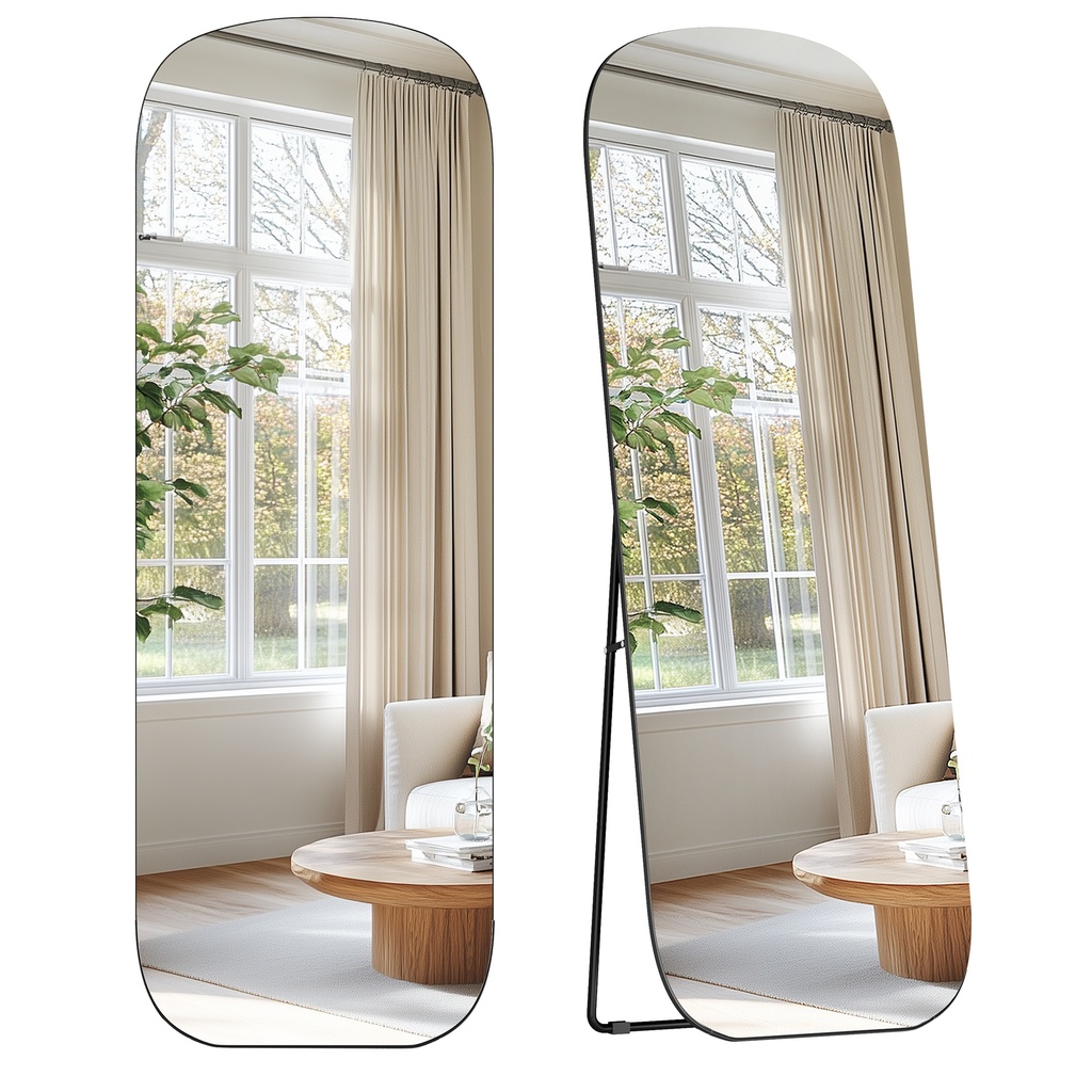 [LFM029B01] SONGMICS Miroir pleine longueur, 160 x 50 cm, miroir de sol rectangulaire arrondi avec support, cadre en alliage d'aluminium, verre trempé, pour chambre à coucher, dressing, noir encre LFM029B01