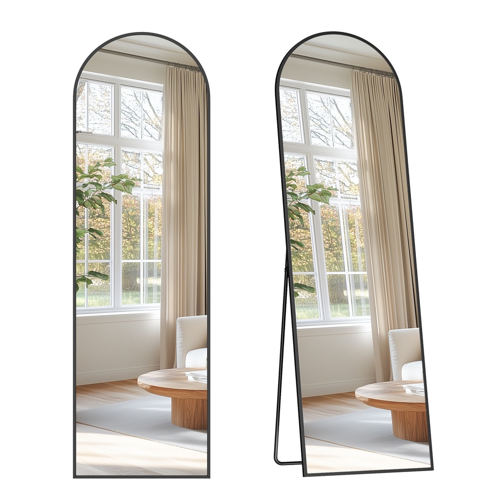 [LFM035B01] SONGMICS Miroir pleine longueur, 150 x 40 cm, miroir complet arqué avec support, miroir de sol avec cadre en alliage d'aluminium, verre trempé, pour chambre à coucher, salon, vestiaire, noir encre LFM035B01V1