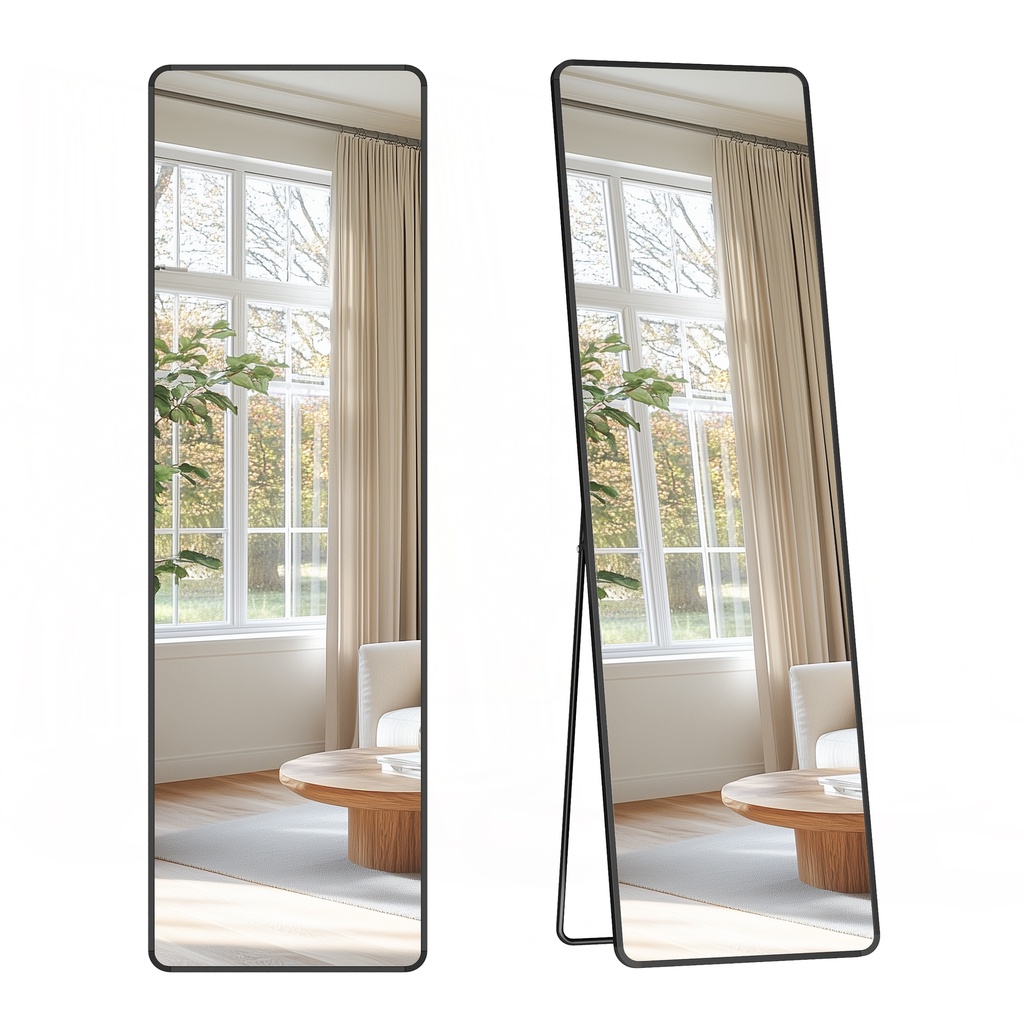 [LFM034B01] SONGMICS Miroir pleine longueur, 150 x 40 cm, miroir complet rectangulaire avec support, miroir de sol avec cadre en alliage d'aluminium, verre trempé, pour chambre à coucher, salon, vestiaire, noir encre LFM034B01V1