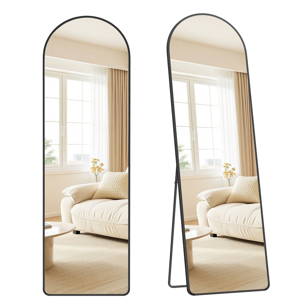 [LFM051BD01] SONGMICS Miroir pleine longueur, miroir de sol arqué avec support, cadre en alliage d'aluminium, verre trempé, pour chambre à coucher, salon, vestiaire, coin arrondi, 160 x 50 cm, noir mat LFM051BD01