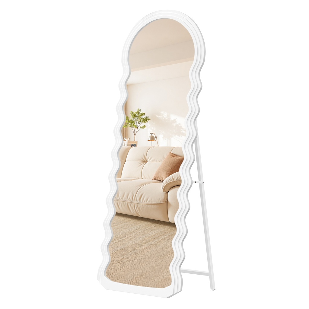 [LFM027W01] Miroir de sol ondulé, miroir irrégulier sur toute la longueur avec cadre en MDF et support pour entrée, chambre à coucher, salon, blanc