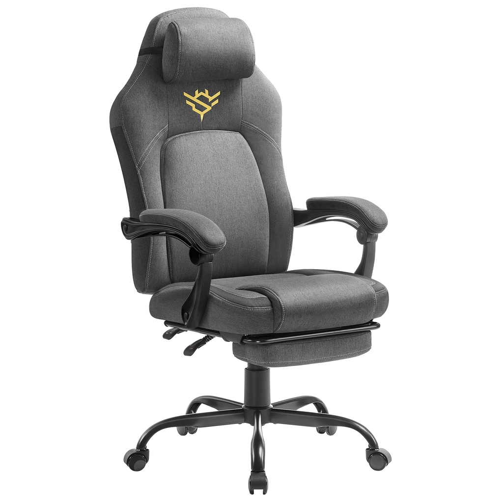 SONGMICS HOME Chaise de jeu Chaise d'ordinateur ergonomique avec repose-pieds Chaise de bureau pivotante avec oreiller Mélange de coton et de lin Hauteur réglable Gris tourterelle OBG072G01