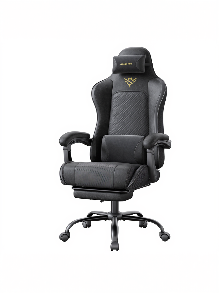 SONGMICS Chaise de jeu, chaise de bureau, chaise de bureau, chaise de jeu ergonomique, coussin d'assise avec ressorts, repose-pieds, accoudoirs avec mécanisme synchrone, noir encre OBG079B01