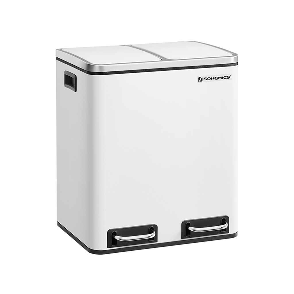 SONGMICS Kitchen Bin, 2 x 15 L Steel Rubbish Bin, Step Bin with Inner Buckets and Handles, Soft Closure, Odour Seal, White LTB30WT