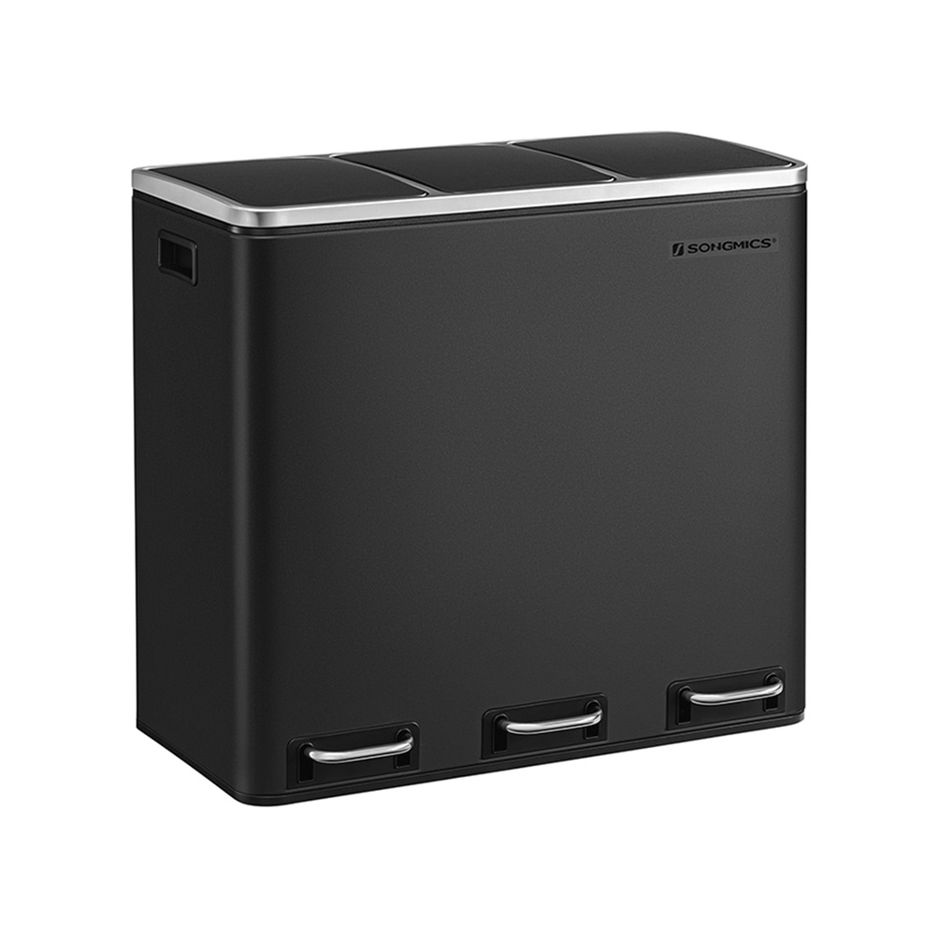 SONGMICS Poubelle de Recyclage, Poubelle de Cuisine Triple 3 x 18 L, Poubelle à Pédale 3 Compartiments avec Couvercles à Fermeture Amortissante, Seaux Intérieurs en Plastique et Poignées, Noir LTB54BK