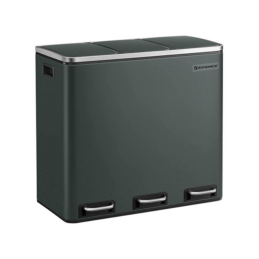 SONGMICS Recycling Bin, 3 x 18 L Triple Kitchen Bin, 3 Compartment Pedal Bin with Soft-Close Lids, Plastic Inner Buckets, and Handles, Anthracite Grey LTB54GS