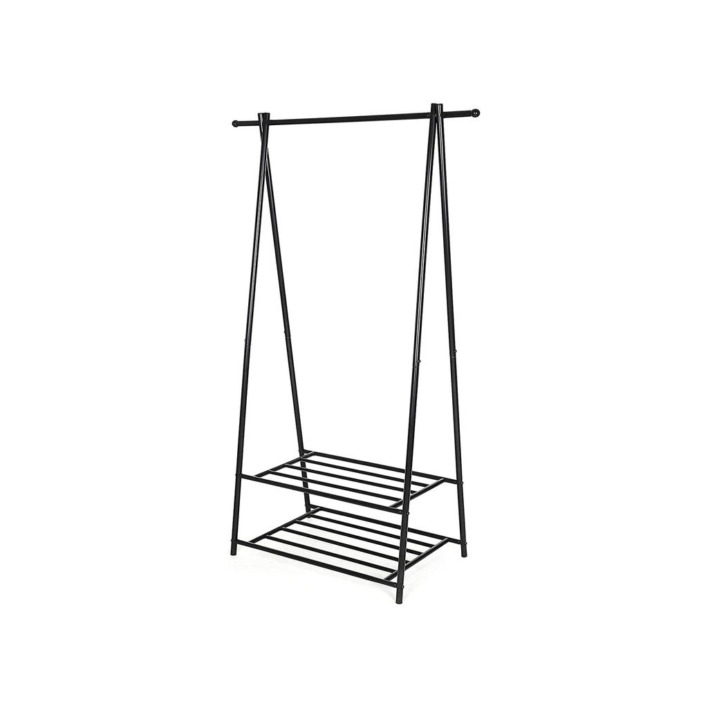 SONGMICS Porte-Manteau, Porte-Manteau, Portant à Vêtements avec Étagère de Rangement à 2 Niveaux pour Chaussures et Paniers, Structure en Métal, Gain de Place, Idéal pour Chambre, Entrée, Bureau et Plus, Noir HSR05B
