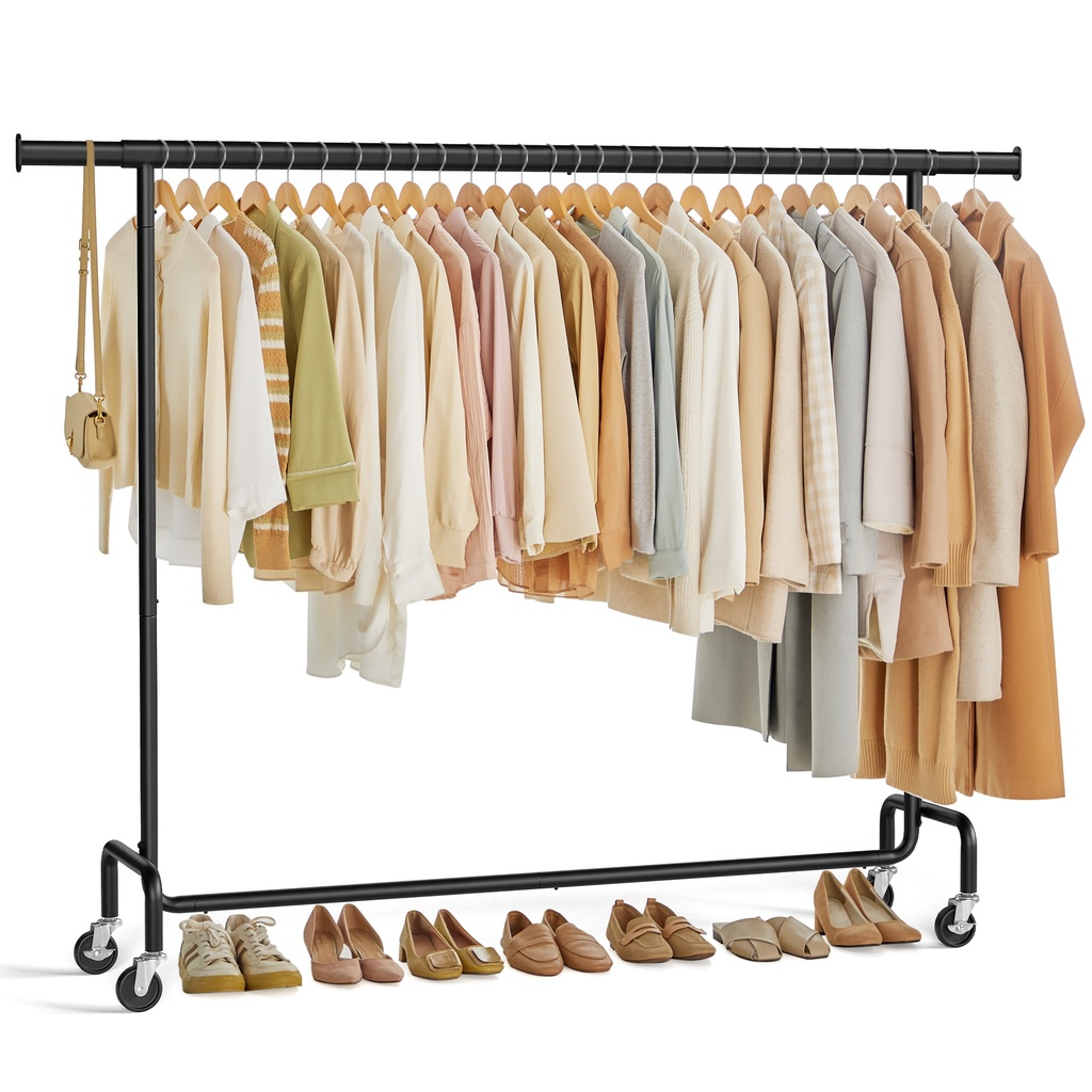 SONGMICS Portant à Vêtements sur Roulettes, Tringle à Vêtements Robuste, avec Tringle de Suspension Extensible, Capacité de Charge 110 kg, 45 x (160-200) x 162,9 cm, Chromé, Noir Mat HSR176B01