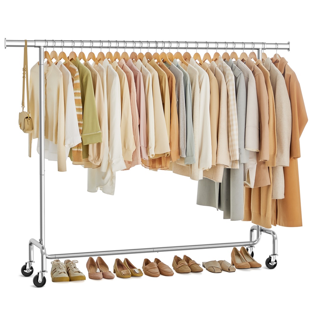 SONGMICS Portant à Vêtements sur Roulettes, Tringle à Vêtements Robuste, avec Tringle de Suspension Extensible, Capacité de Charge 110 kg, 45 x (160-200) x 162,9 cm, Chromé, Argent HSR176E01