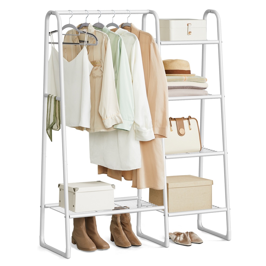 Tringle à vêtements autoportante avec 5 étagères de rangement, portant à vêtements, blanc