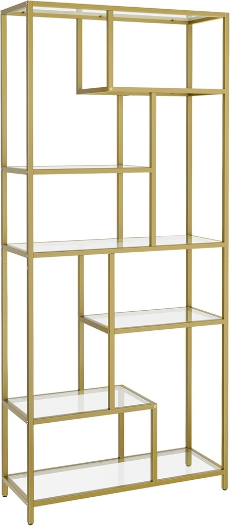 VASAGLE Bibliothèque, Bibliothèque Haute à 6 Niveaux, Support pour Plantes, Présentoir, 30 x 80 x 180 cm, Verre Trempé, pour Étude, Bureau, Salon, Chambre, Cuisine, Or Métallisé LGT502A01