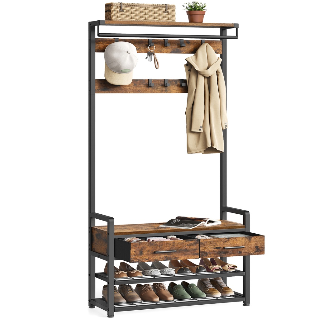 VASAGLE Arbre d'entrée avec banc et rangement pour chaussures, porte-manteau d'entrée avec banc à chaussures, 2 tiroirs en tissu, 10 crochets, 11,8 x 31,7 x 71,5 pouces, marron vintage et noir encre HSR429B01