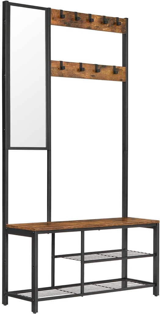 VASAGLE Porte-Manteau, Meuble de Couloir avec Crochets, Miroir, Porte-Chaussures et Etagères, 36 x 98 x 185 cm, pour Couloir Chambre Salon, Marron Rustique et Noir HSR050B01V1