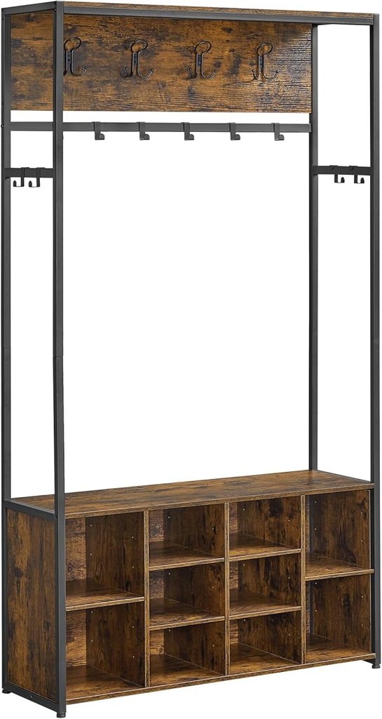 VASAGLE Arbre d'entrée avec banc et rangement pour chaussures, porte-manteau avec banc à chaussures, meuble d'entrée, compartiments ouverts, style industriel, gain de place, marron rustique et noir encre HSR432K01