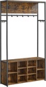 VASAGLE Arbre d'entrée avec banc et rangement pour chaussures, porte-manteau avec banc à chaussures, meuble d'entrée, compartiments ouverts, style industriel, gain de place, marron rustique et noir encre HSR432K01