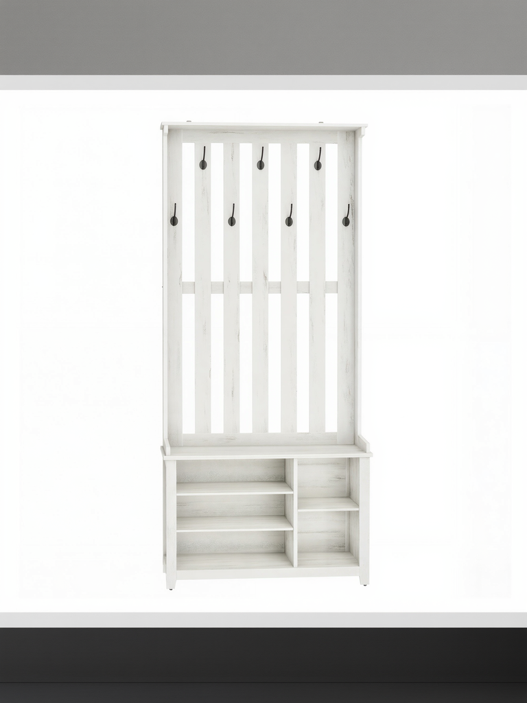 VASAGLE Arbre d'entrée avec banc et rangement pour chaussures, porte-manteau avec banc à chaussures, 7 crochets doubles pour vestes, chapeaux, entrée, chambre, salon, 13,8 x 31,9 x 70,9 pouces, blanc rustique HSR414WJ02