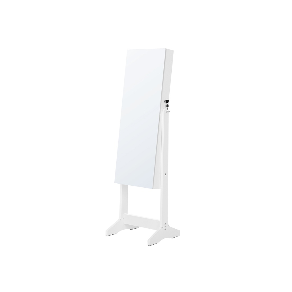 [JJC002W01] SONGMICS Armoire à bijoux, unité de rangement autoportante verrouillable avec 2 rangements cosmétiques en plastique, miroir sans cadre sur toute la longueur, pour collier, boucles d'oreilles, blanc UJJC002W01