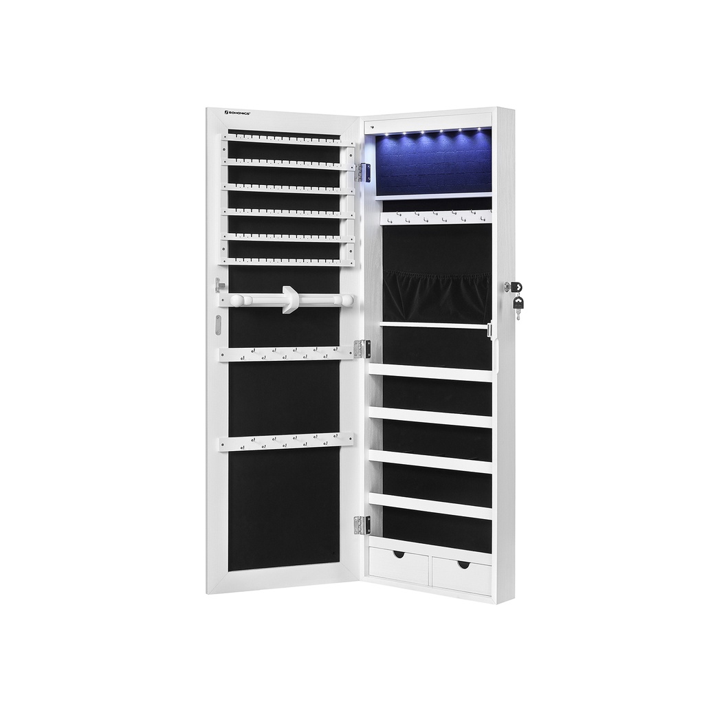 [JJC99WT] SONGMICS Armoire à bijoux avec miroir sans cadre, organiseur de bijoux à 6 LED à suspendre au mur ou monté sur porte, grande capacité avec 2 tiroirs, blanc JJC99WT