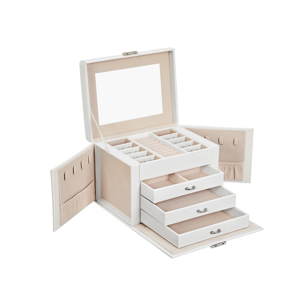 [JBC159W01] SONGMICS Boîte à Bijoux, Organisateur de Bijoux 4 Niveaux, Coffret de Rangement à Bijoux Verrouillable avec Plateaux, Doublure en Velours, Blanc JBC159W01