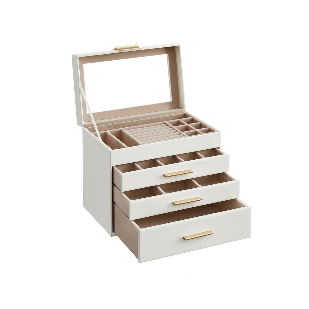SONGMICS Jewellery Box with Glass Lid, 4-Tier Jewellery Organiser, 3 Drawers, for Sunglasses, Big Jewellery, Jewellery Storage, Modern Style, Cloud White and Gold Colour JBC161W01