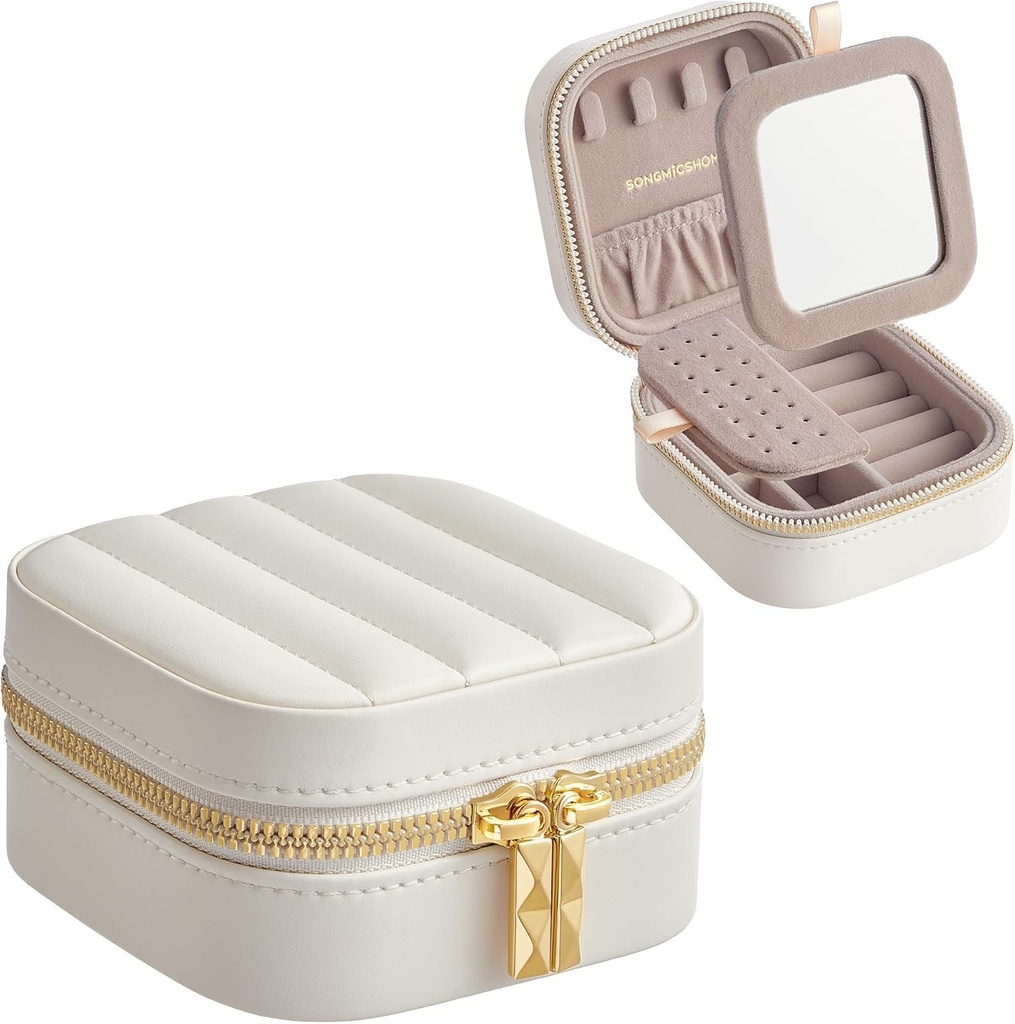 SONGMICS HOME ANAH Collection JBC179W01 Étui à bijoux de voyage, petit organisateur avec miroir, 4,1 x 4,1 x 2,4 pouces, surface en PU cousue, portable, fermetures éclair, idée cadeau,