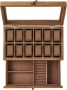 SONGMICS Watch Box with 12 Slots, 2-Tier Wood Watch Case with Large Glass Lid, Watch Pillows, Velvet Lining, Jewellery Box, Gift for Loved Ones, Rustic Walnut JOW012K01