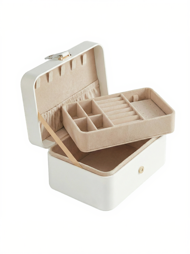 Boîte à bijoux Portable, étui à bijoux de voyage, organisateur de bijoux à 2 couches, pour accessoires plus grands, Surface en PU, cadeau, blanc