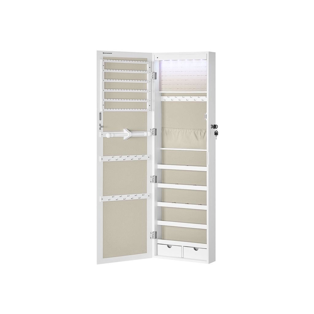 SONGMICS Armoire à bijoux, meuble de rangement mural verrouillable pour colliers, boucles d'oreilles, avec miroir et divers compartiments, blanc avec grain de bois et beige JJC093W01