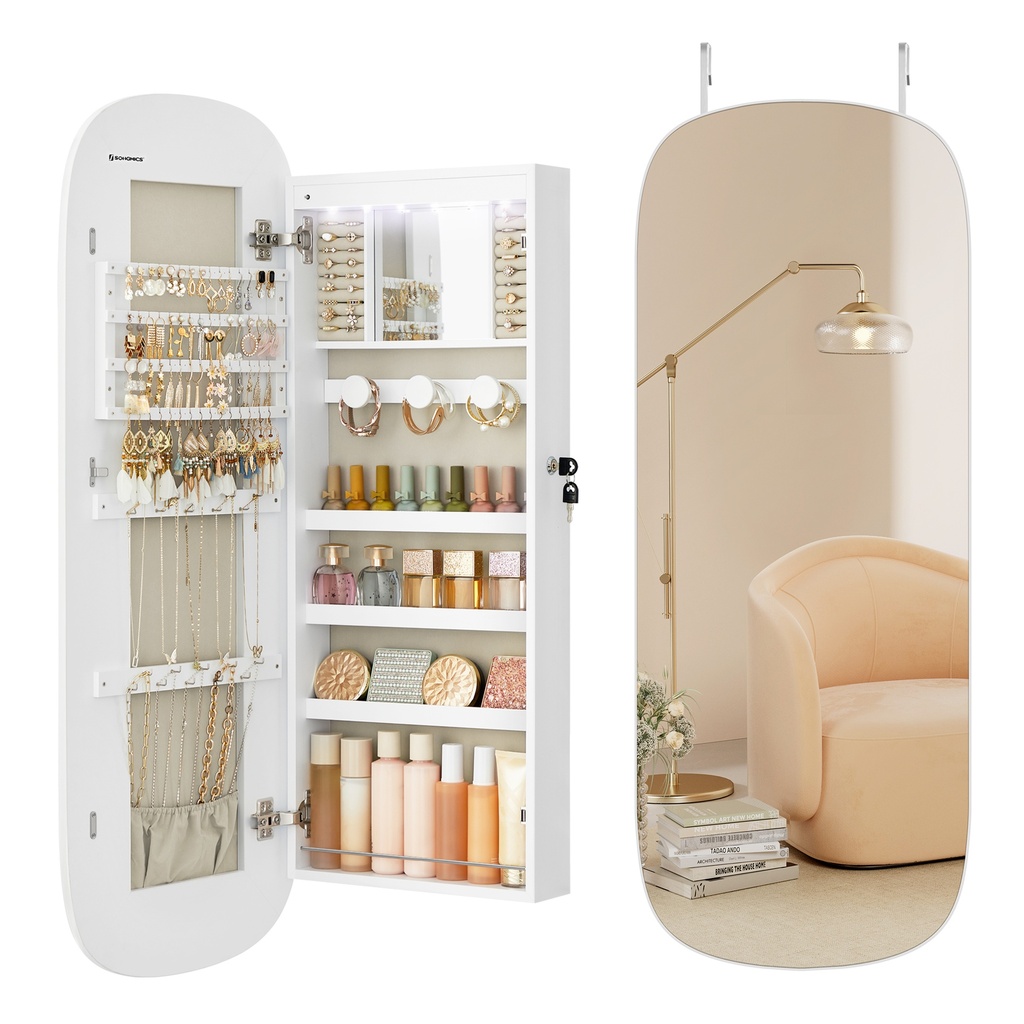 SONGMICS Miroir avec Rangement, Armoire à Bijoux Miroir LED Mural/Porte, Armoire à Miroir Large Arrondie Verrouillable, avec Miroir Intérieur, 10 x 42 x 108 cm, Surface Blanche avec Doublure Grège JJC026W01