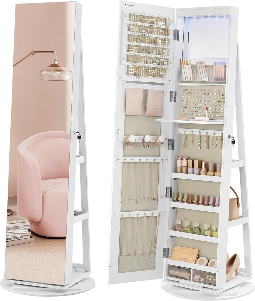 SONGMICS Armoire à bijoux avec miroir verrouillable à 6 LED, organisateur de bijoux pivotant à 360°, armoire à bijoux sur pied, miroir pleine longueur sans cadre, 3 étagères de rangement, surface blanche, doublure grège JJC007W02V1