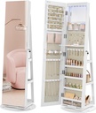 SONGMICS Armoire à bijoux avec miroir verrouillable à 6 LED, organisateur de bijoux pivotant à 360°, armoire à bijoux sur pied, miroir pleine longueur sans cadre, 3 étagères de rangement, surface blanche, doublure grège JJC007W02V1