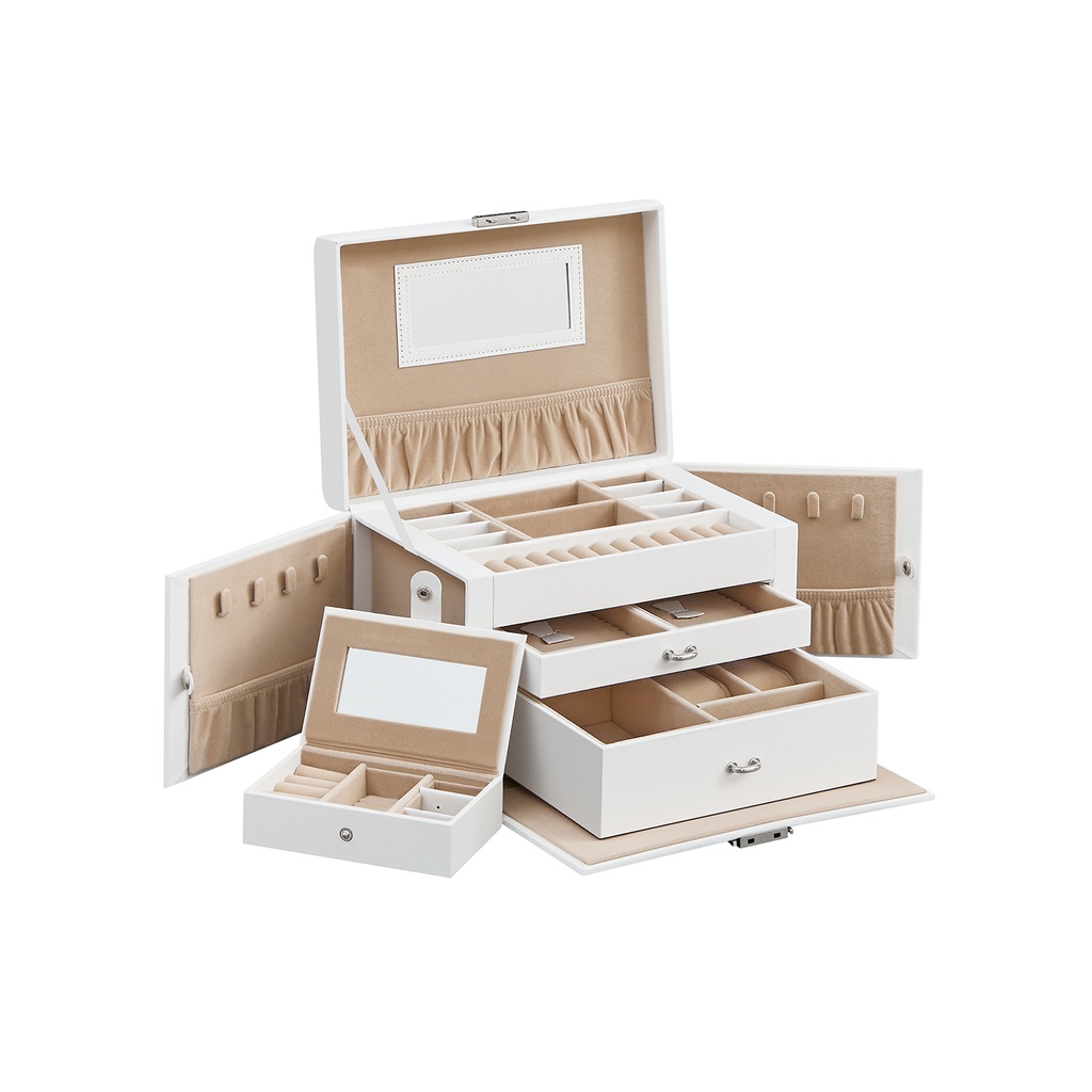 SONGMICS Boîte à Bijoux, Organisateur avec 2 Tiroirs, Étui Verrouillable avec Miroir, Étui de Voyage Portable, pour Bagues, Bracelets, Boucles d'oreilles, Colliers, Doublure en Velours, Cadeau, Blanc JBC121W