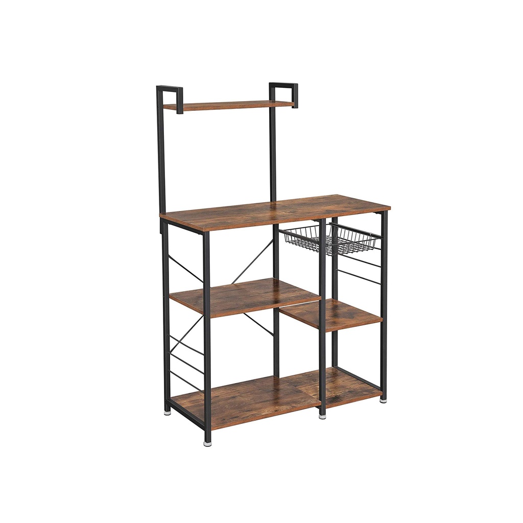 [KKS35X] VASAGLE Étagère de boulangerie avec étagères, support pour micro-ondes avec panier métallique, 6 crochets en S, étagère de cuisine, rangement utilitaire pour épices, casseroles et poêles, marron rustique KKS35X