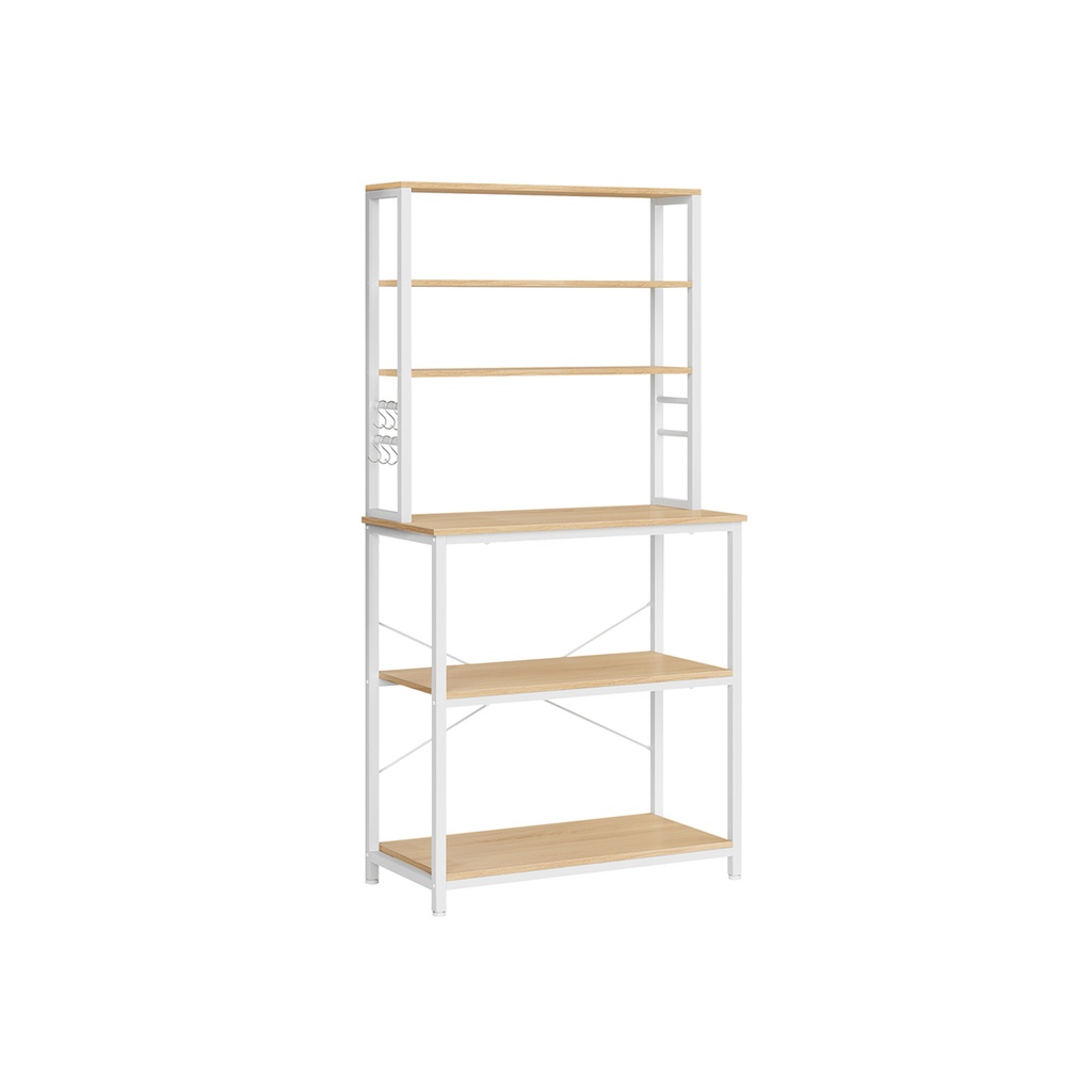 [KKS019W09] VASAGLE Étagère de cuisine pour micro-ondes, 6 niveaux et 6 crochets, chêne et blanc KKS019W09