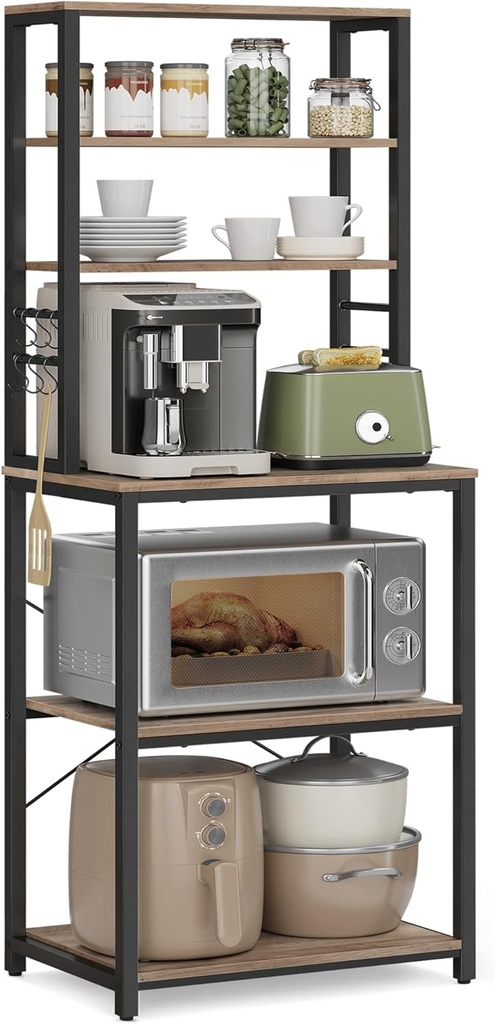 [KKS024B02] VASAGLE KKS024B02 Etagère de cuisine, Etagère sur pied pour micro-ondes, 6 étagères, 6 crochets, structure en acier, design industriel, 40 x 60 x 167 cm, encre chinée grège noir