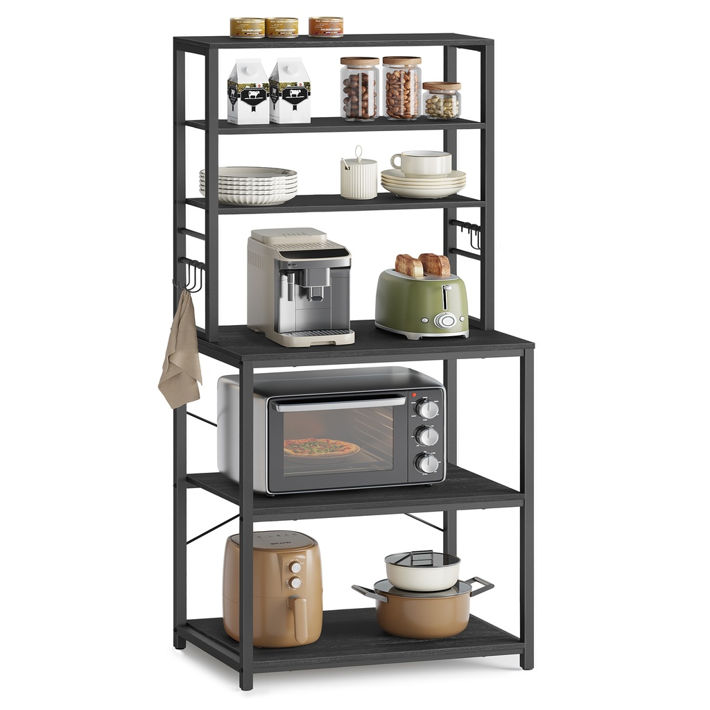 [KKS024B22] VASAGLE Bar à café, étagère de boulanger pour cuisine avec rangement, étagères de cuisine à 6 niveaux avec 6 crochets, support pour micro-ondes, industriel, 15,7 x 23,6 x 65,7 pouces, gris anthracite et noir encre UKKS024B22