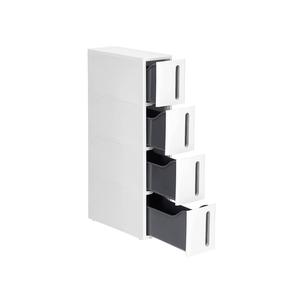 [KFR008G01] SONGMICS Tiroirs de Rangement en Plastique, Chariot de Rangement Étroit sur Roulettes, Tour de Rangement 4 Tiroirs pour Salle de Bain Cuisine, Gain de Place, 45 x 17 x 83 cm, Blanc et Gris KFR008G01