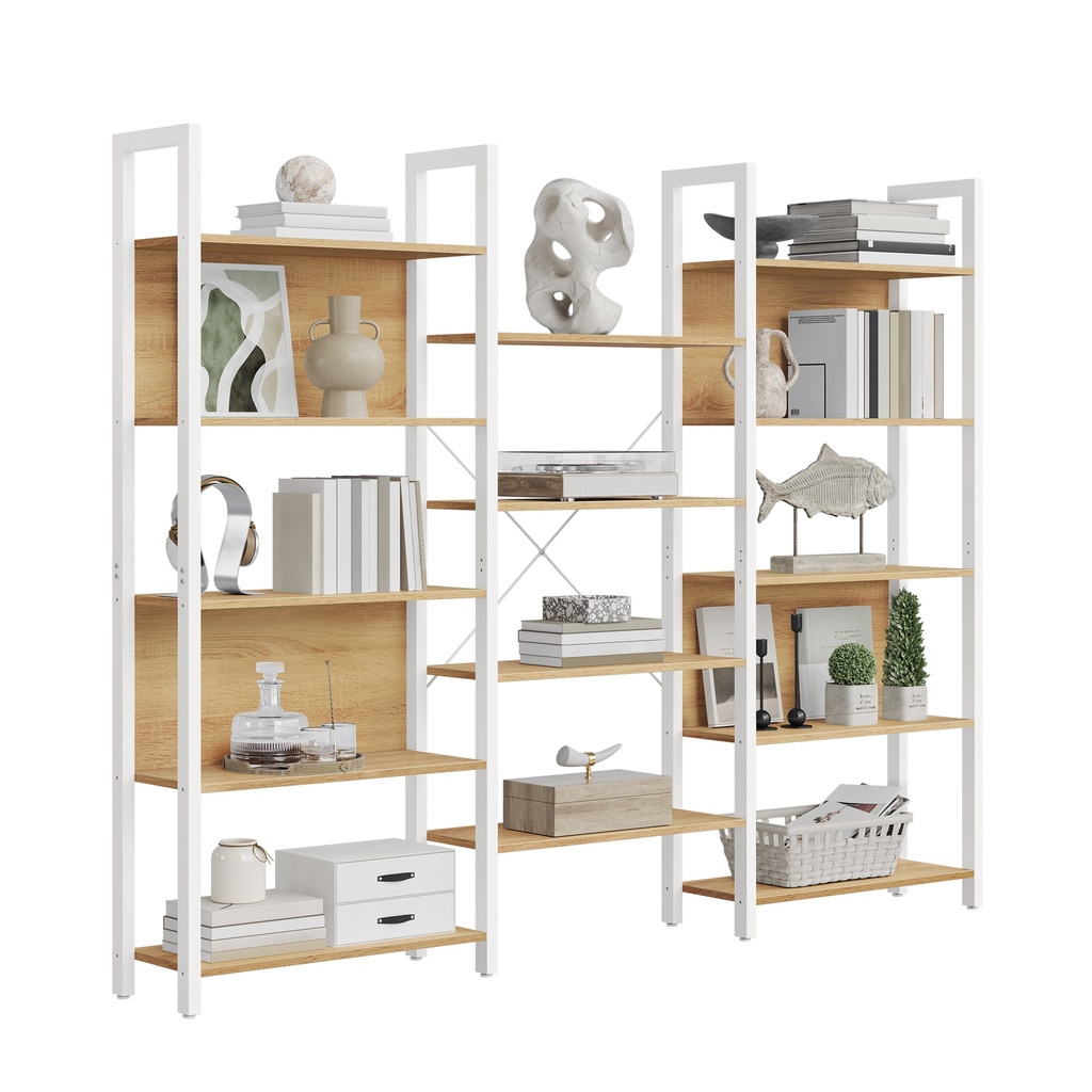 VASAGLE Bibliothèque, Bibliothèque avec 14 Etagères, Structure en Métal, Etagère pour Salon, Bureau à Domicile, Style Industriel, 24 x 158 x 166 cm, Chêne Doré et Blanc Mat LLS107YA01