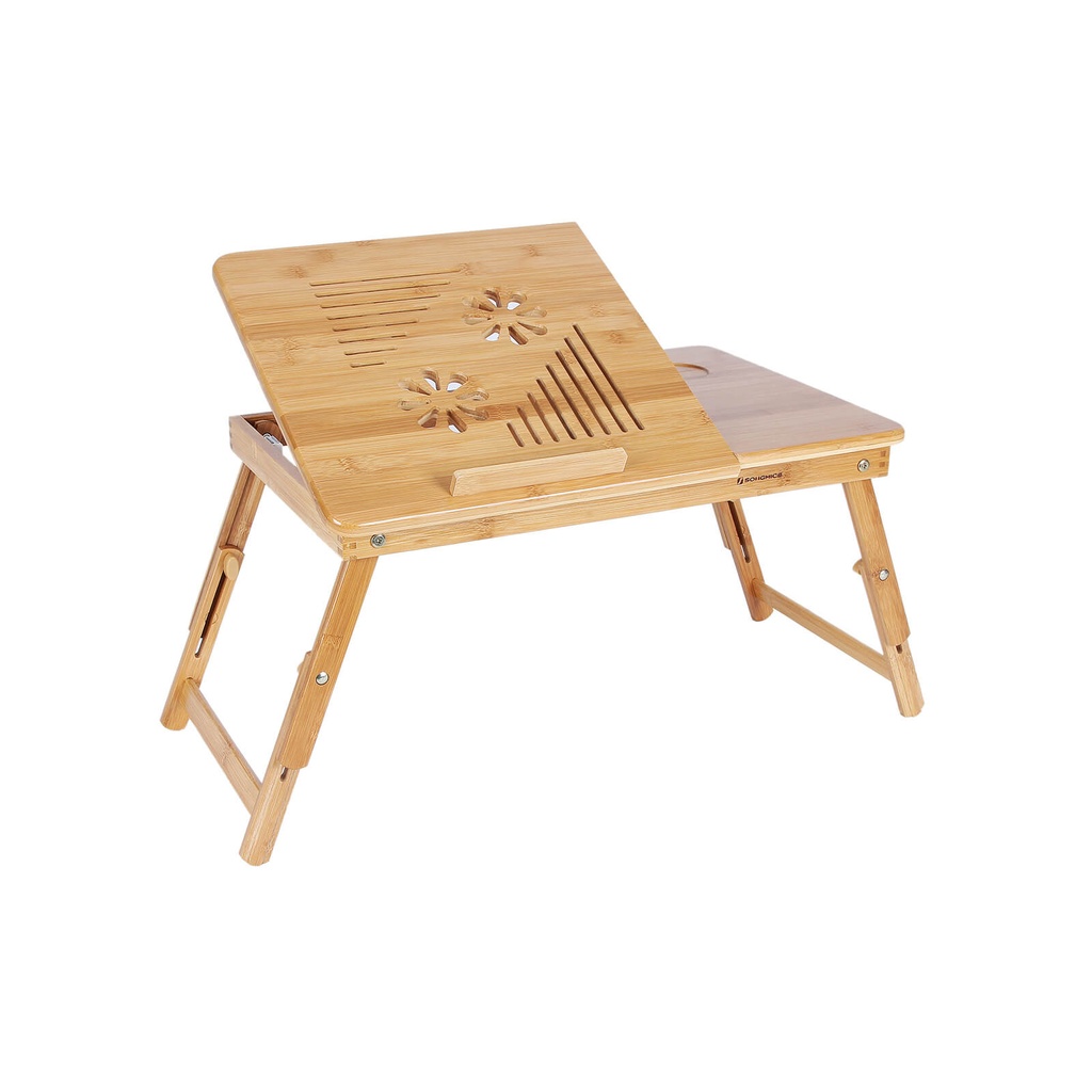 SONGMICS Bureau pour ordinateur portable en bambou, table de lit pliable, plateau de canapé réglable en hauteur, avec 5 angles d'inclinaison, trous d'aération, petit tiroir, 55 x 35 x (21 - 29) cm LLD002