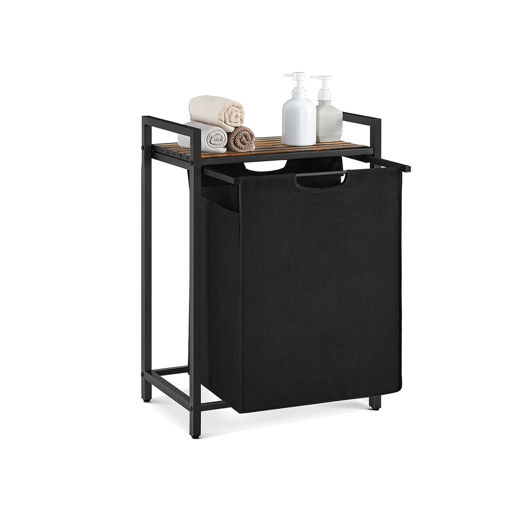 VASAGLE Panier à Linge, Panier à Linge, Sac à Linge Coulissant et Amovible, Etagère, Structure en Métal, 65L, 50 x 33 x 72 cm, Marron Rustique et Noir BLH101B01